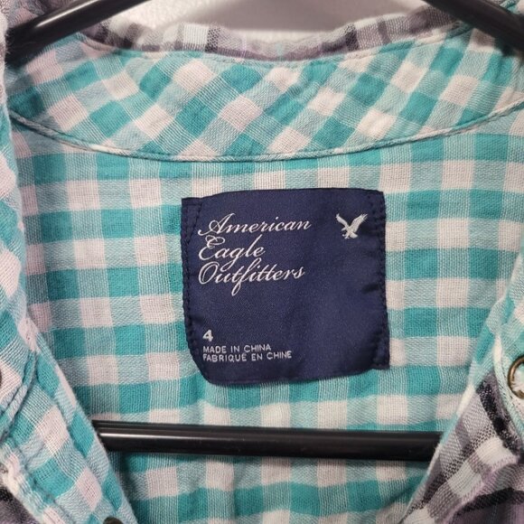 American Eagle Outfitters Plais Shirt Snap Pockets Women's Size 4 Small Gray - Picture 3 of 8